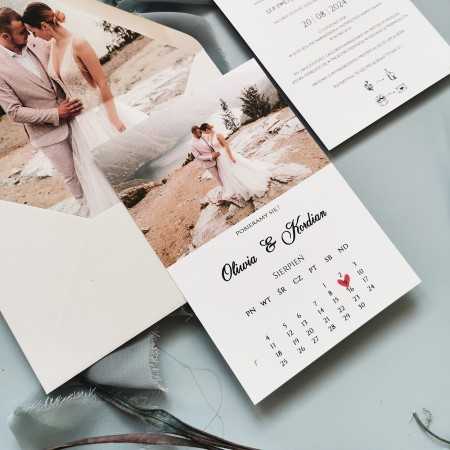 Próbka Eleganckie Personalizowane Zaproszenia Ślubne Jednokartkowe Ze Zdjęciem Kalendarzem i Kalką ZZS03