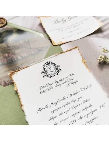 Eleganckie Personalizowane Zaproszenia Ślubne Na Czerpanym Papierze Ze Złotem CP01 - Zdjęcie 3