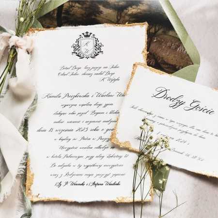 Eleganckie Personalizowane Zaproszenia Ślubne Na Czerpanym Papierze Ze Złotem CP01