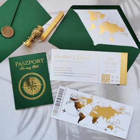 Zaproszenia Ślubne W Formie Paszportu Z Motywem Podróżniczym Złocone PASZ02