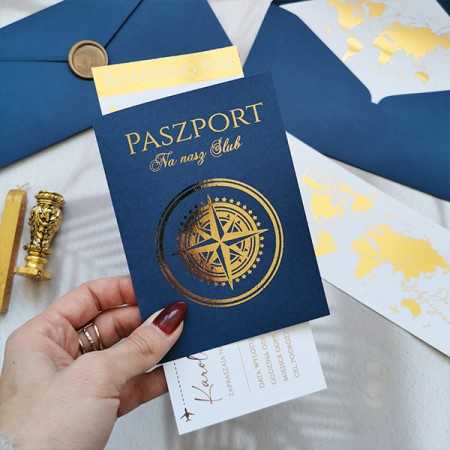 Zaproszenia Ślubne W Formie Paszportu Z Motywem Podróżniczym Złocone PASZN